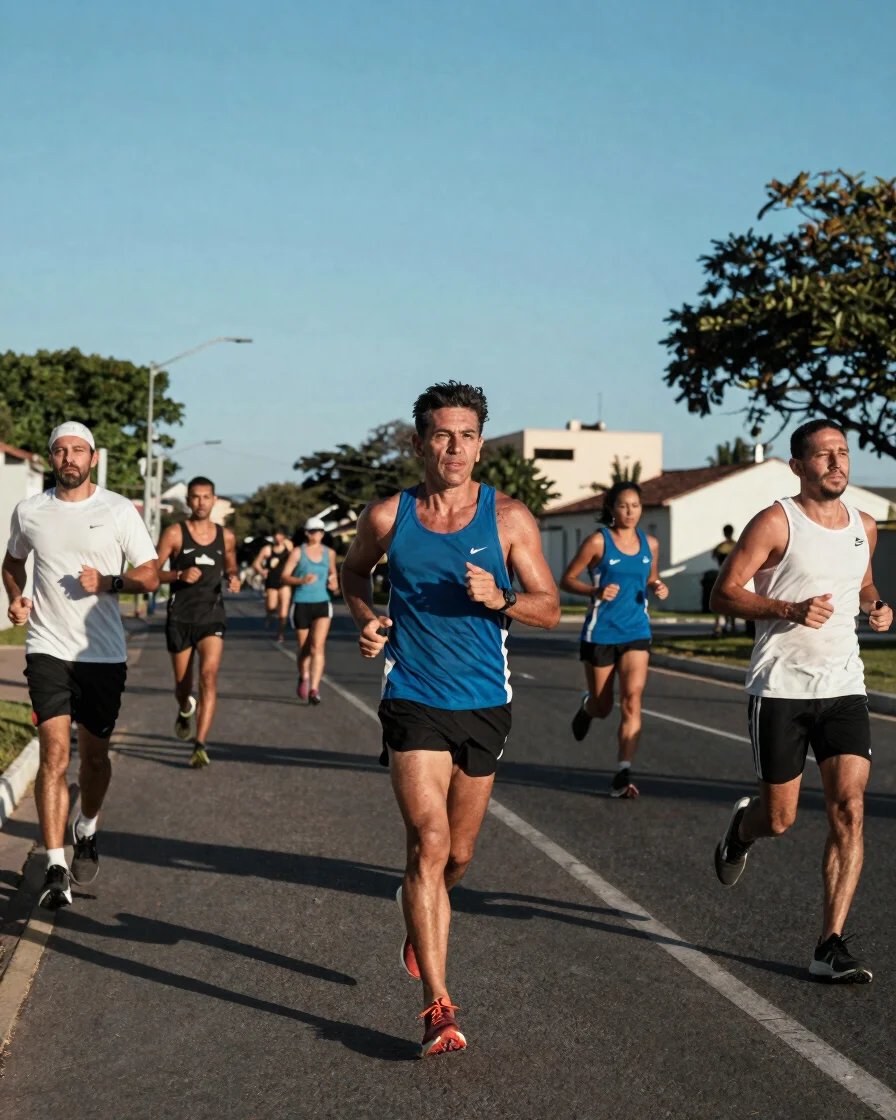 Corredores adultos, incluindo pessoas acima dos 40 anos, em ritmo