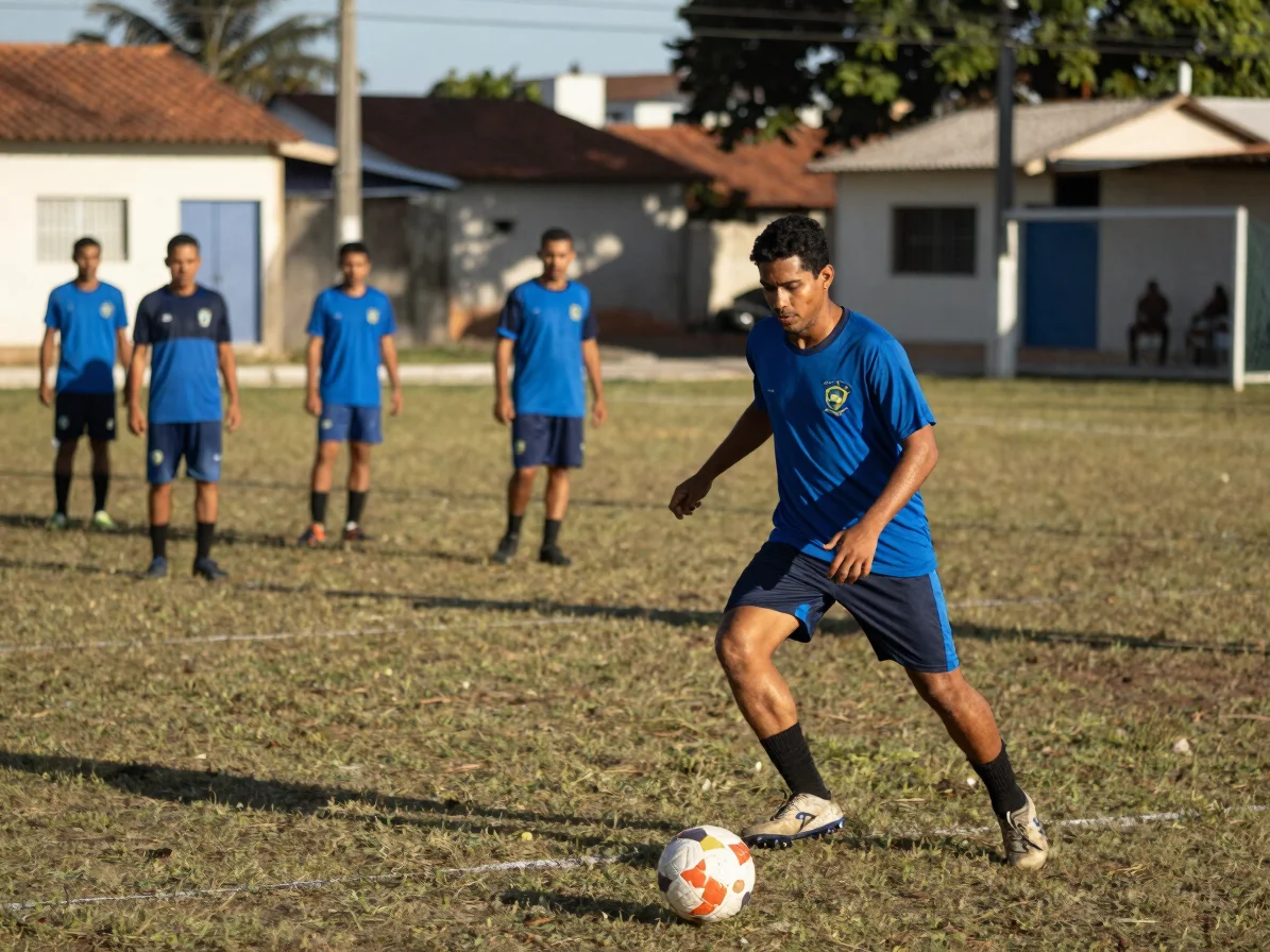 Pessoas adultas de diferentes idades jogando futebol recreativo n