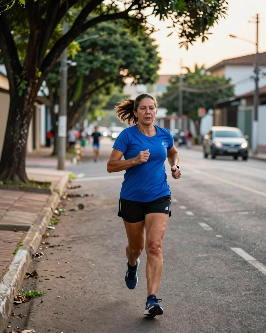 Fotografia editorial esportiva ao amanhecer: uma mulher adulta de
