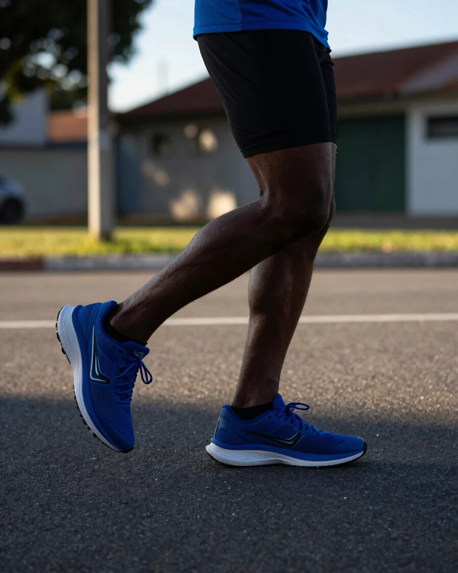 Detalhe editorial de tênis de corrida e pés em movimento sobre uma quadra de bairro no fim da tarde, luz natural brasile
